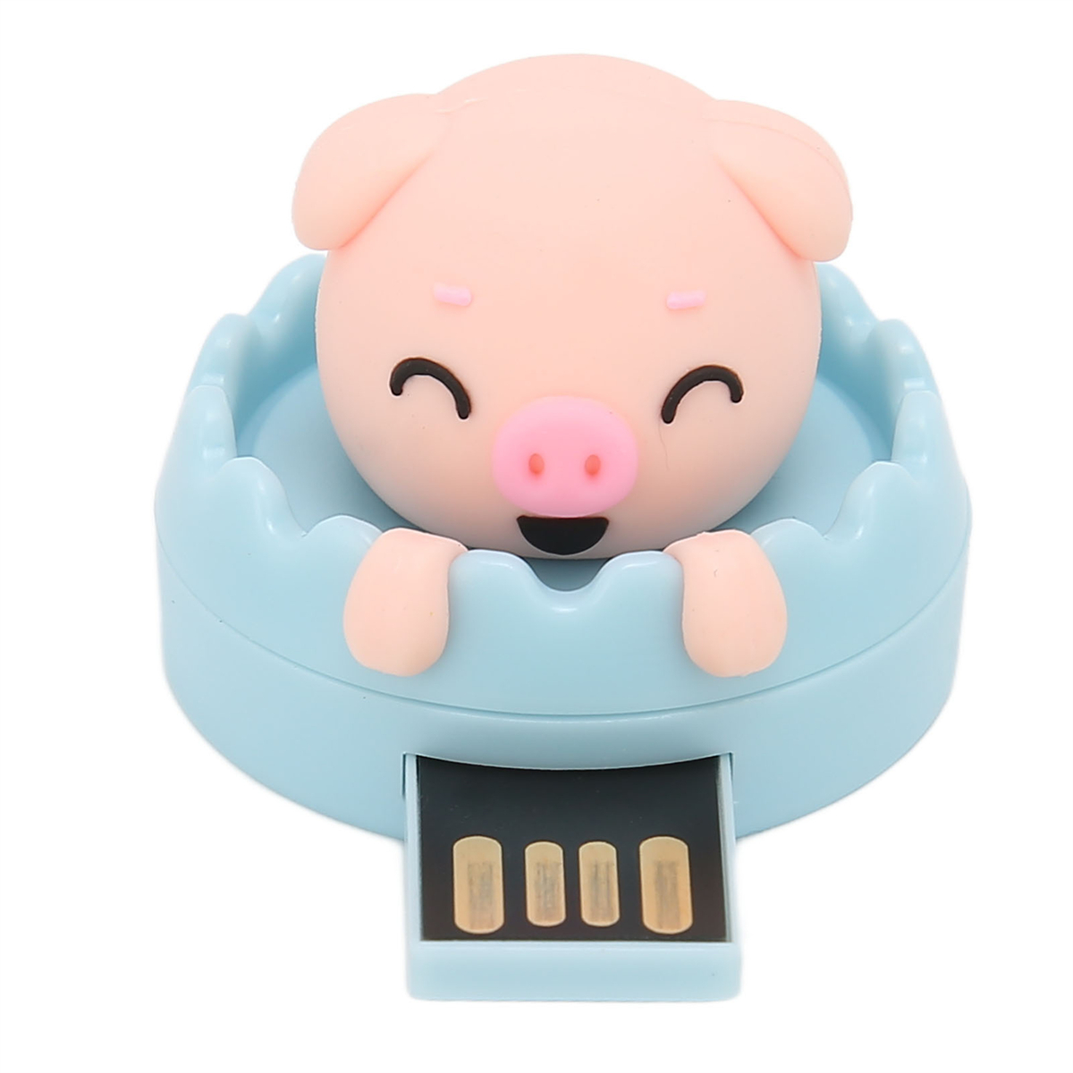 Ein rosa Schwein USB-Stick in einer blauen Halterung, lächelnd.