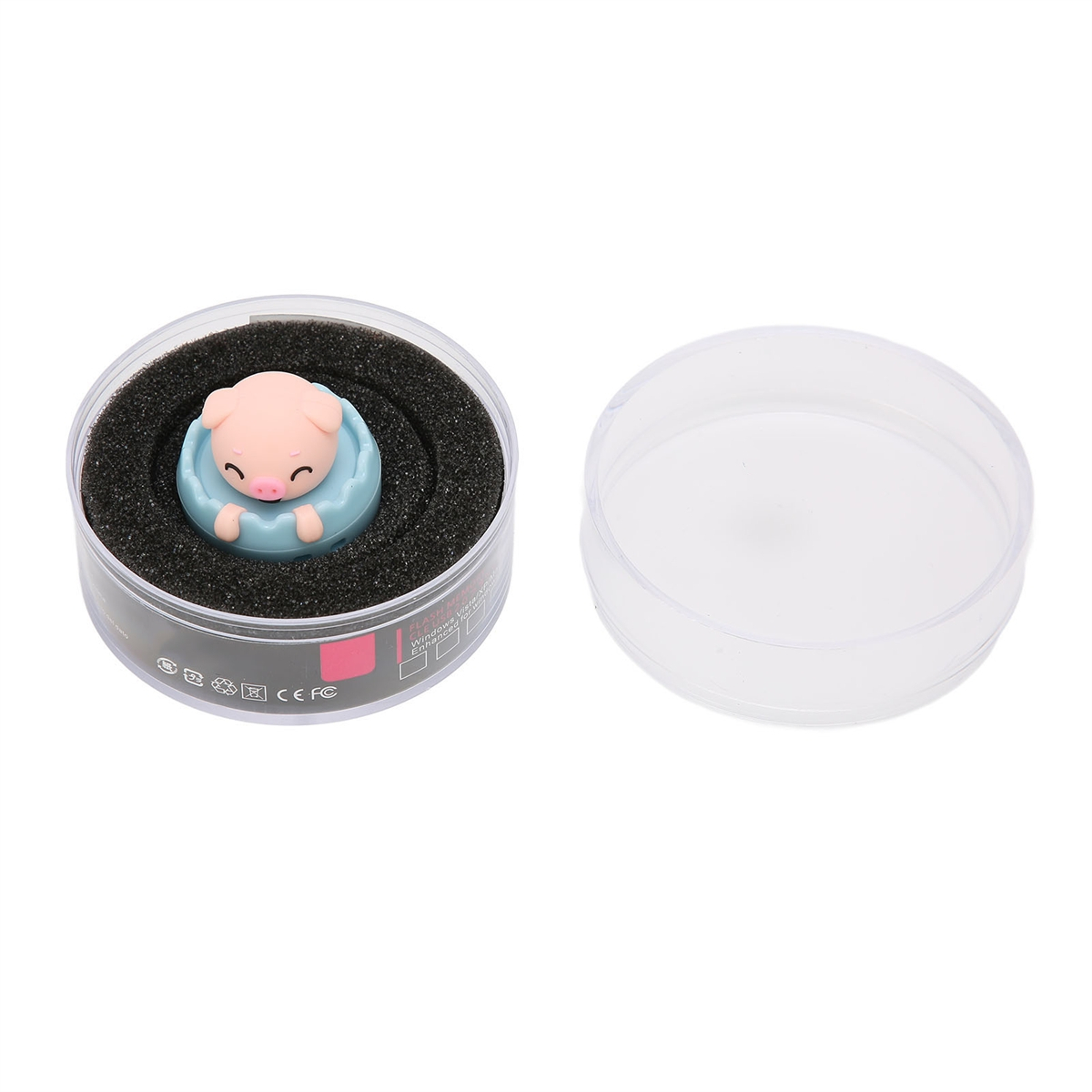 Ein rosa Schwein in einem blauen Ring. Es ist in einem durchsichtigen Behälter neben einem leeren.