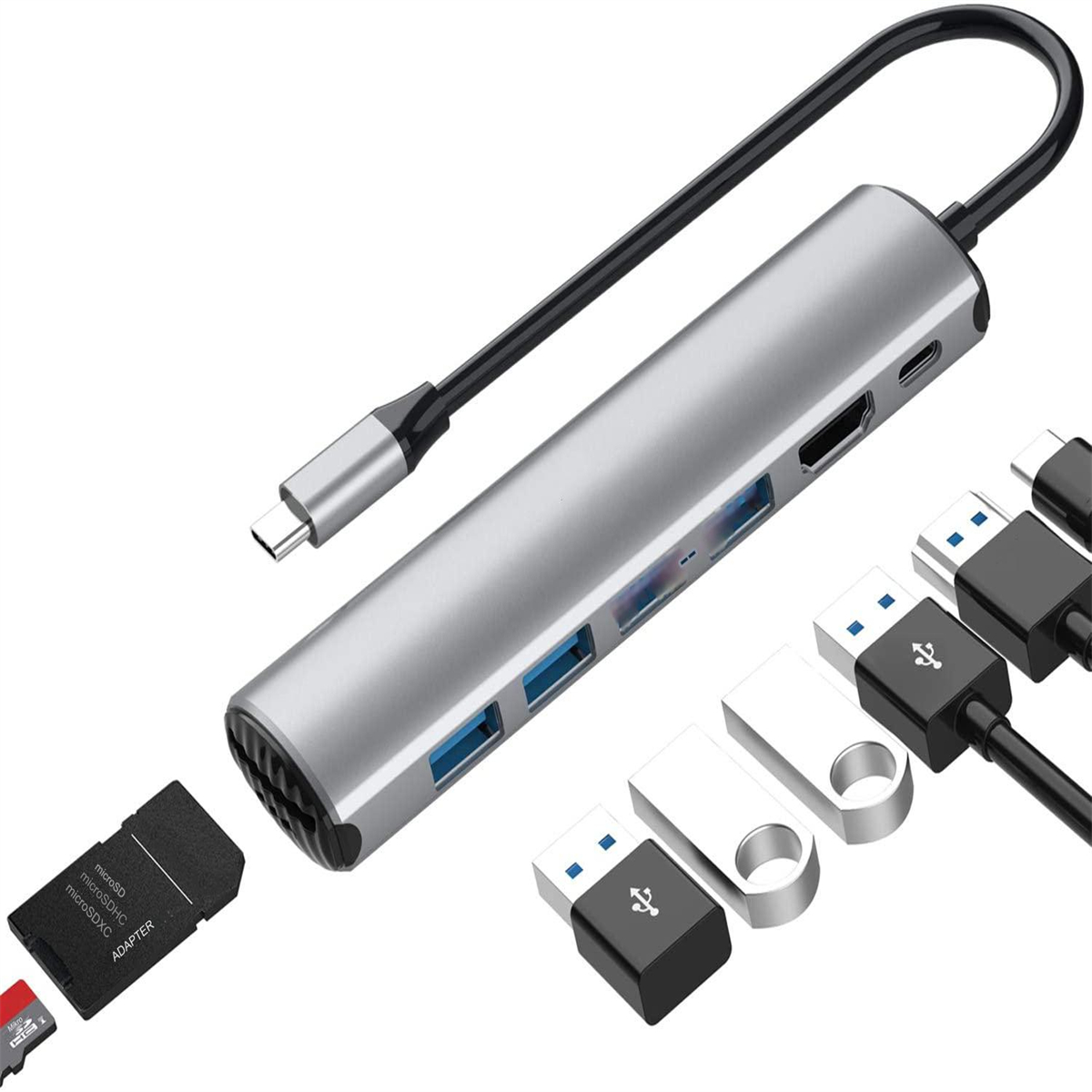 Silberner USB-Hub mit mehreren Anschlüssen, SD-Kartenleser und USB-Laufwerken auf weißem Hintergrund.