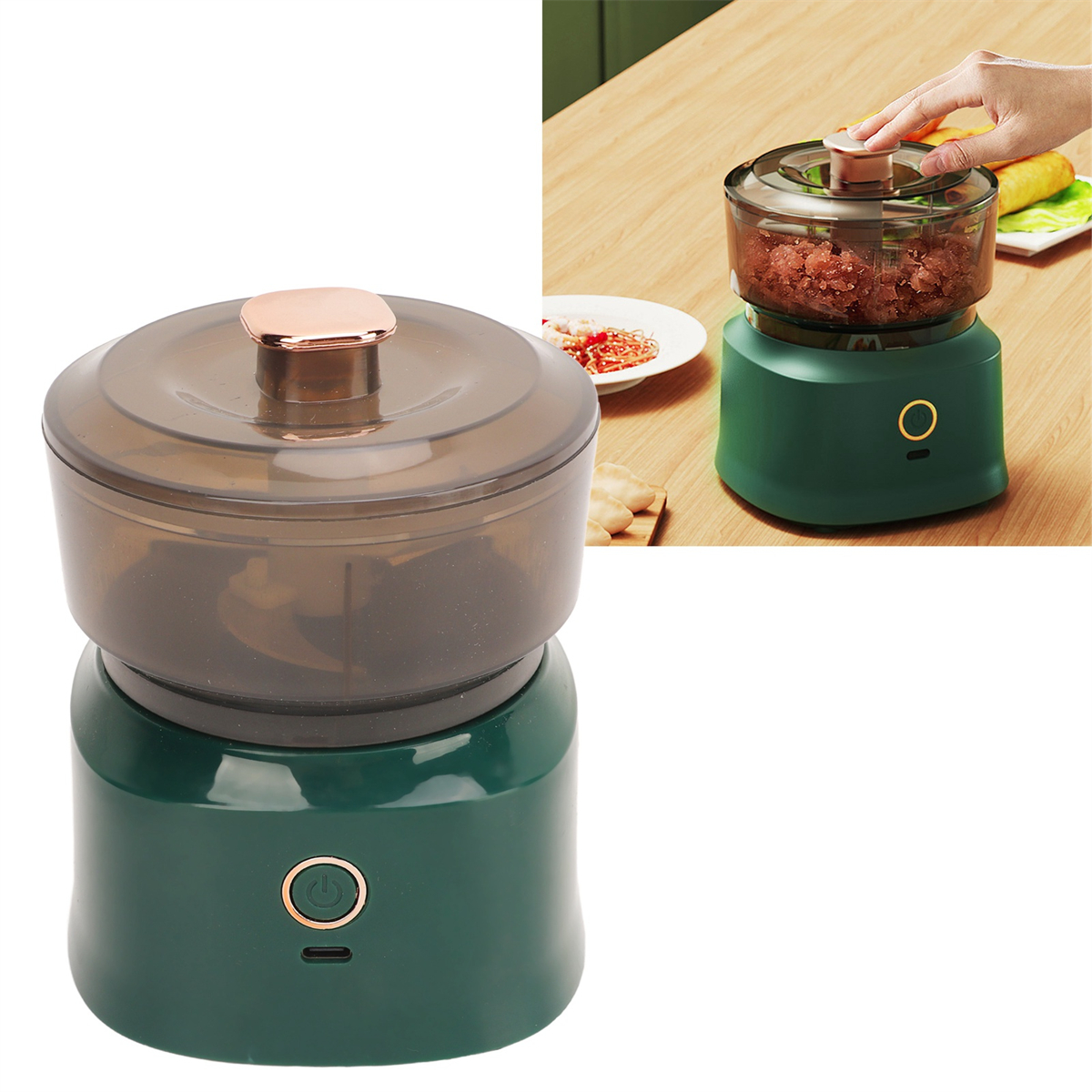 Grüner Zerkleinerer. Oberer Deckel und Basis. Verarbeitet Lebensmittel. Hintergrund: Holztisch.