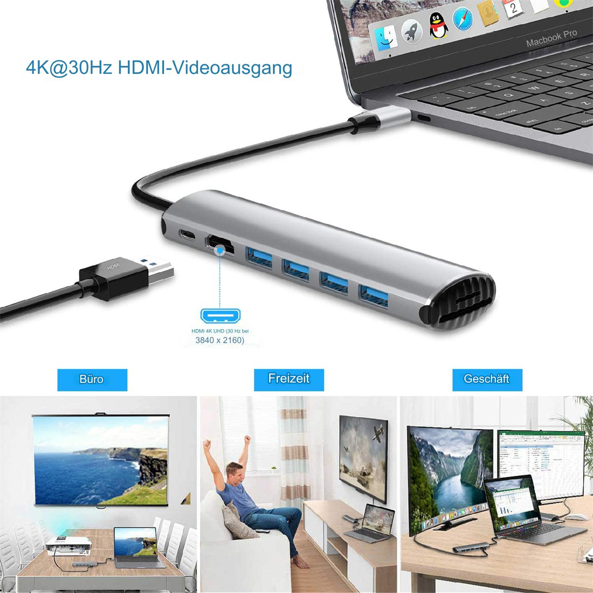 Laptop, der mit einem Hub verbunden ist, der mit anderen Geräten verbunden ist. Bild zeigt verschiedene Szenarien.