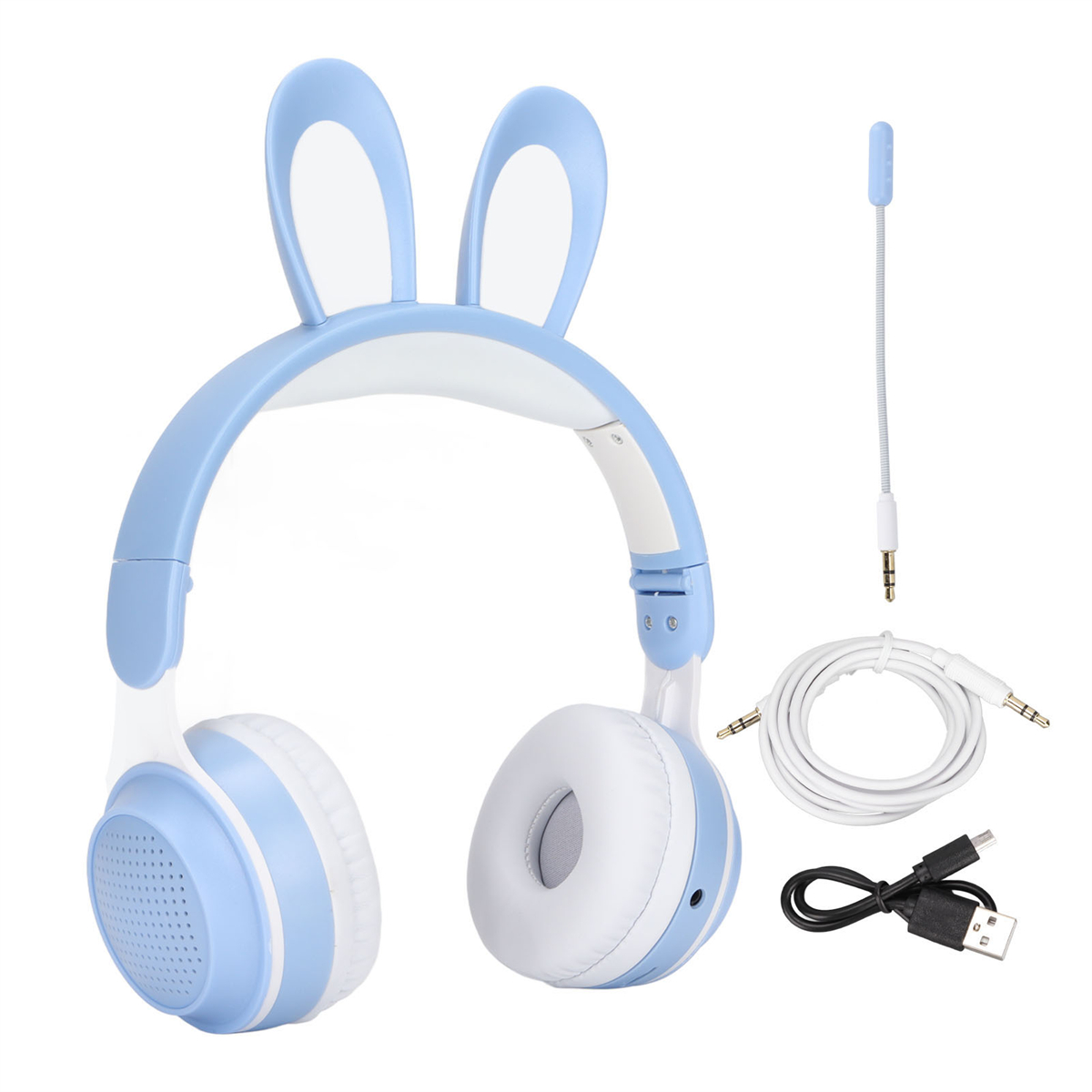 Blau-weiße Hasenohrkopfhörer mit Kabel und Mikrofon.