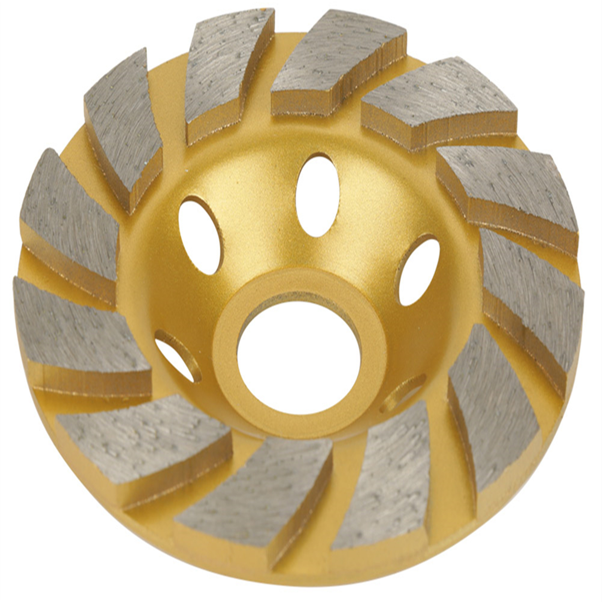 Goldene Schleifscheibe mit silbernen Zähnen. Sie hat eine kreisförmige Form mit Löchern.
