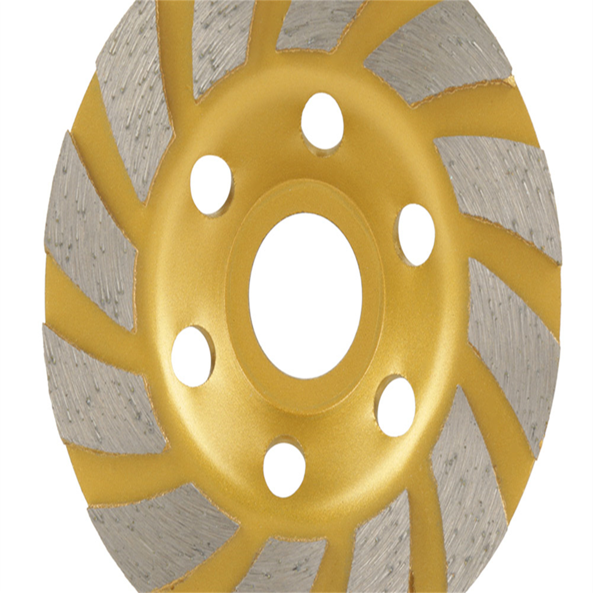 Gold-silberne Kreisschleifscheibe mit rautenförmigen Segmenten auf weißem Hintergrund.