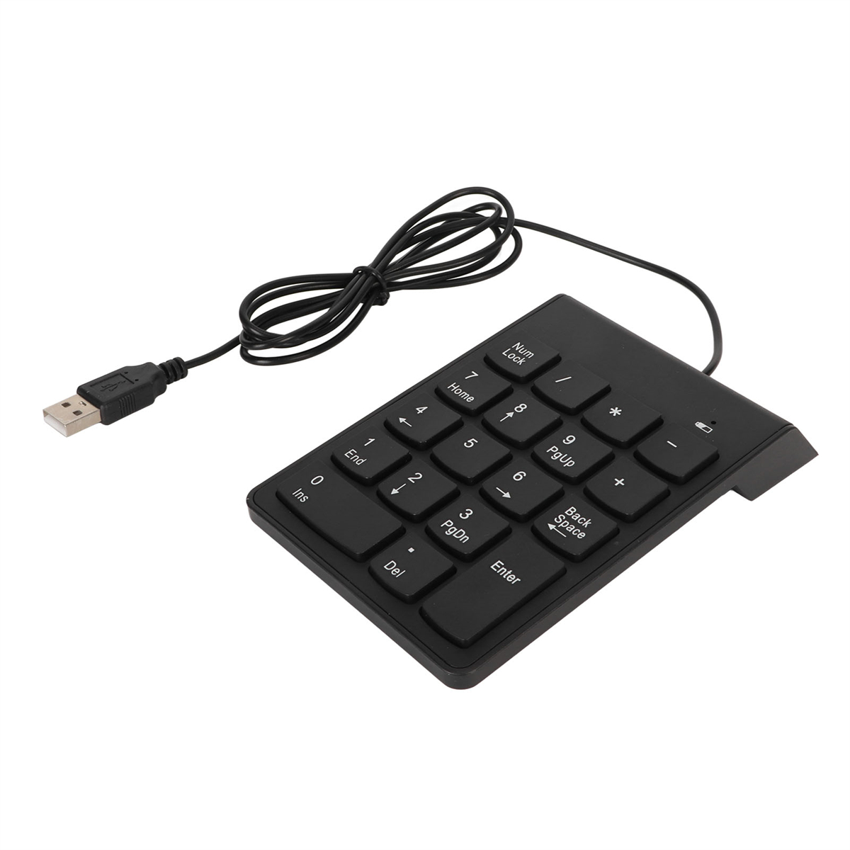 Ein schwarzer USB-Ziffernblock mit weißen Tasten und einem USB-Anschluss. Die Tasten sind mit 0-9 und Funktionen beschriftet.