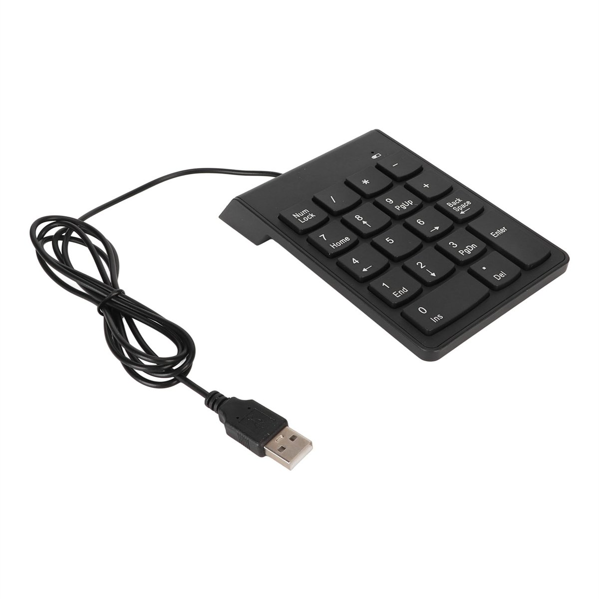 Schwarzer Nummernblock mit USB-Kabel. Tasten mit Zahlen, Symbolen und Funktionstasten.