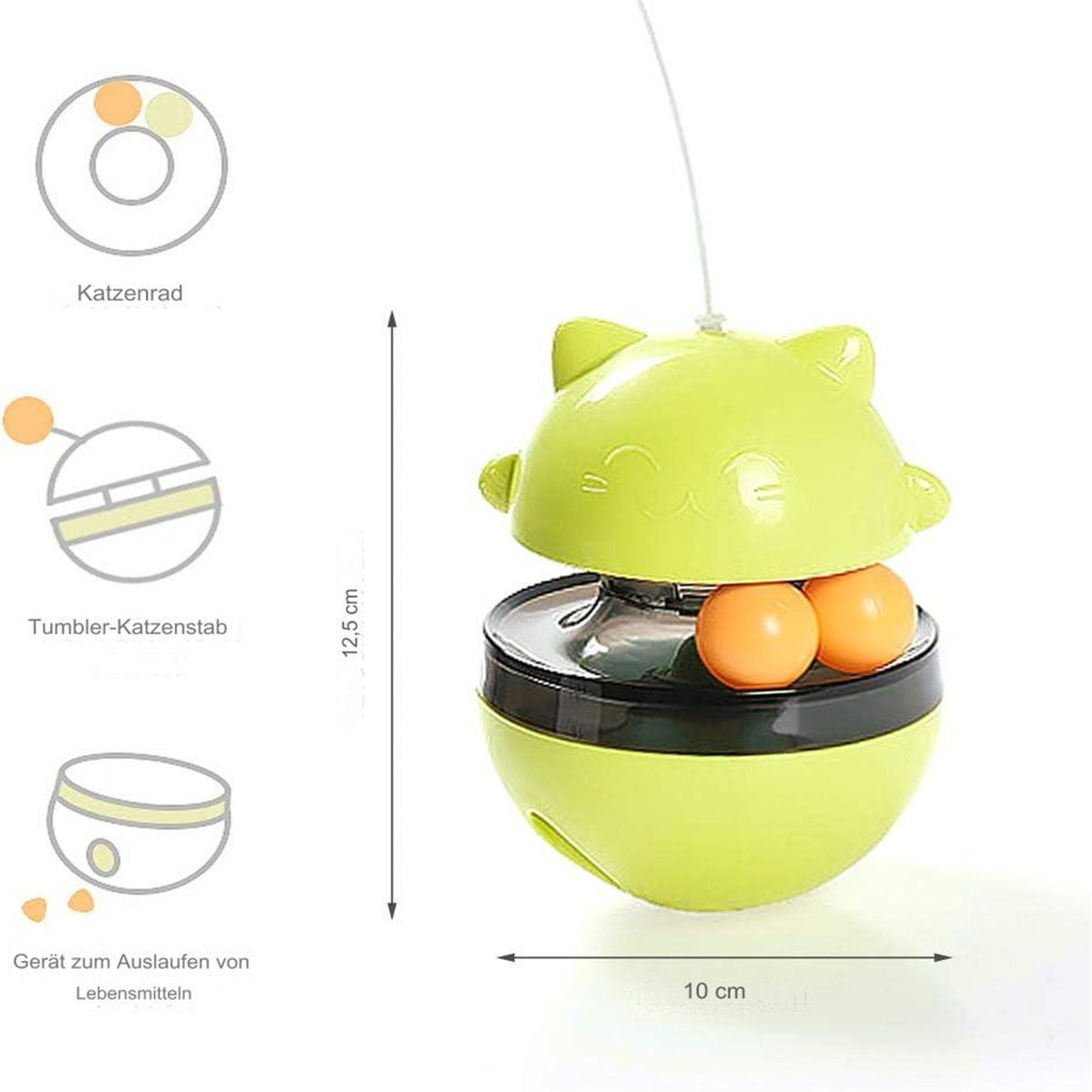 Ein grünes, katzenförmiges Spielzeug mit zwei orangen Bällen im Inneren, zum Ausgeben von Leckerlis.