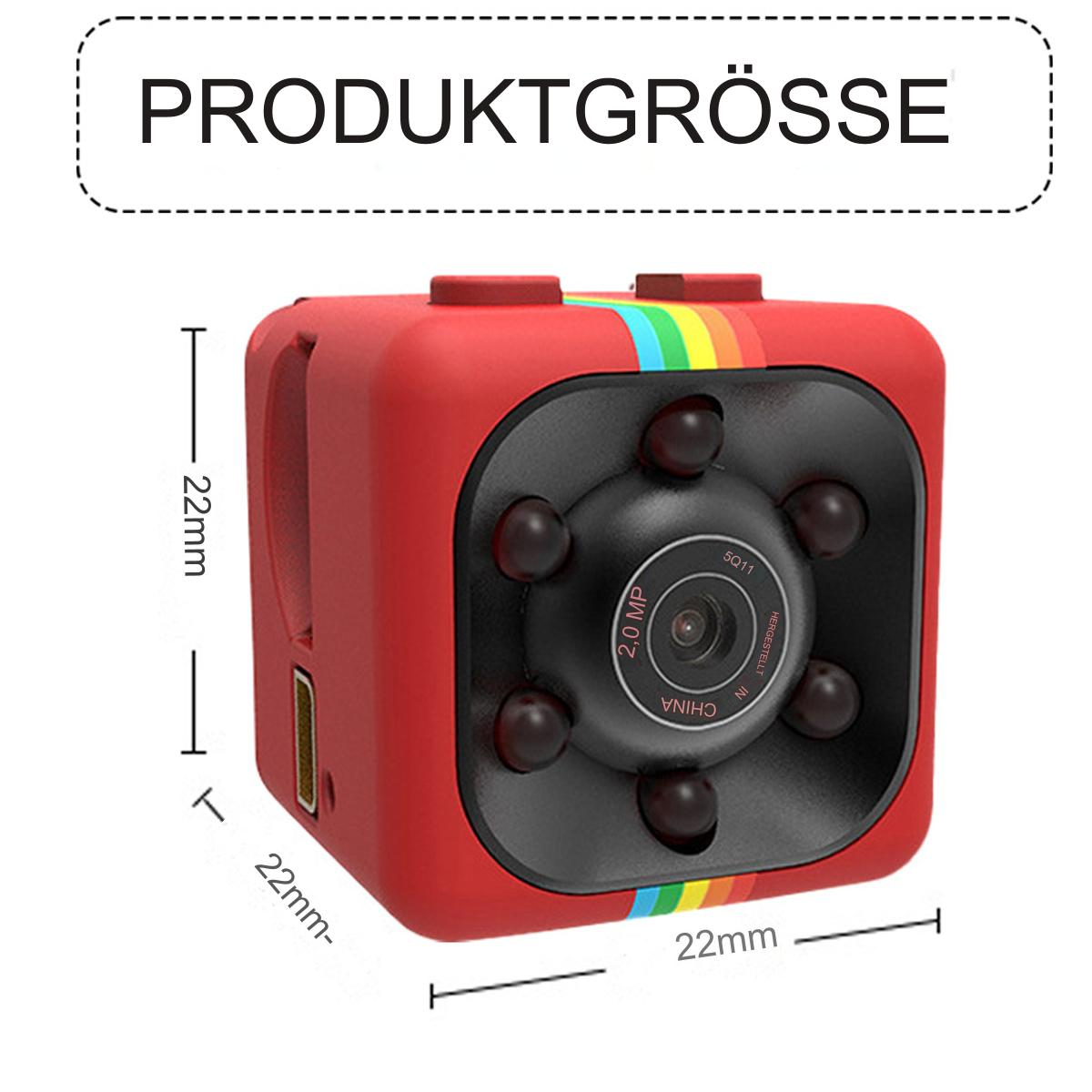 Eine rote würfelförmige Mini-Kamera mit den markierten Abmessungen: 22mm x 22mm x 22mm.