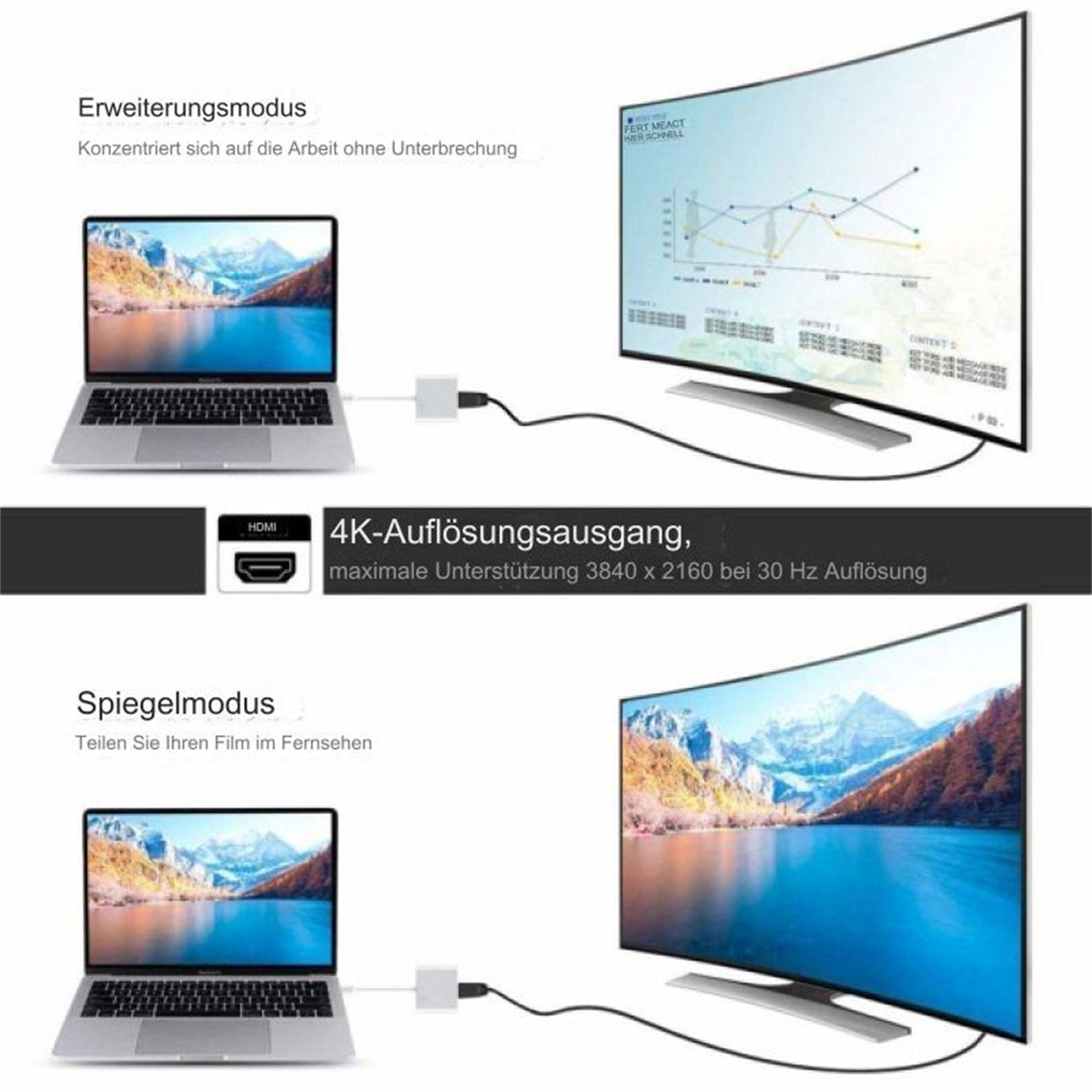 Laptop, der über einen Adapter mit einem Fernsehbildschirm verbunden ist.