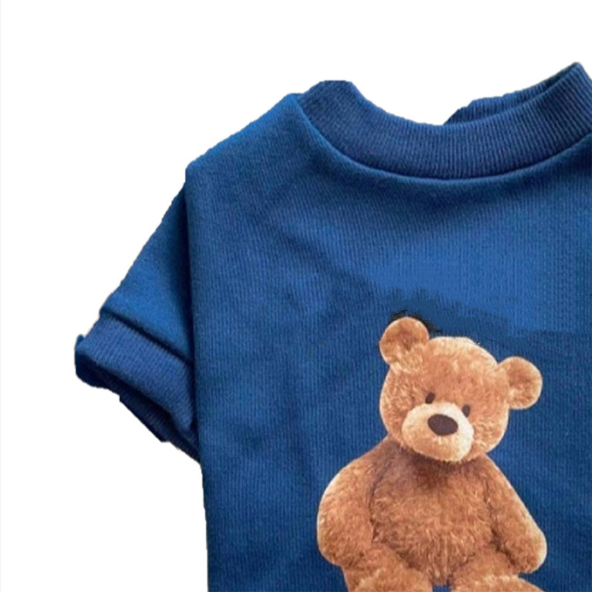 Ein blaues Hemd mit Teddybären-Design. Der Teddybär befindet sich auf der Vorderseite des Hemdes.