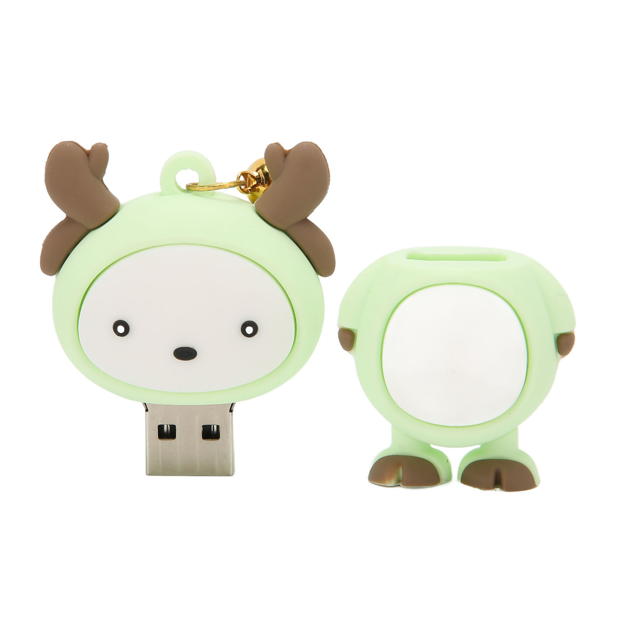 Grüner Rentier-USB-Stick mit weißem Gesicht, braunen Geweih und goldener Glocke.