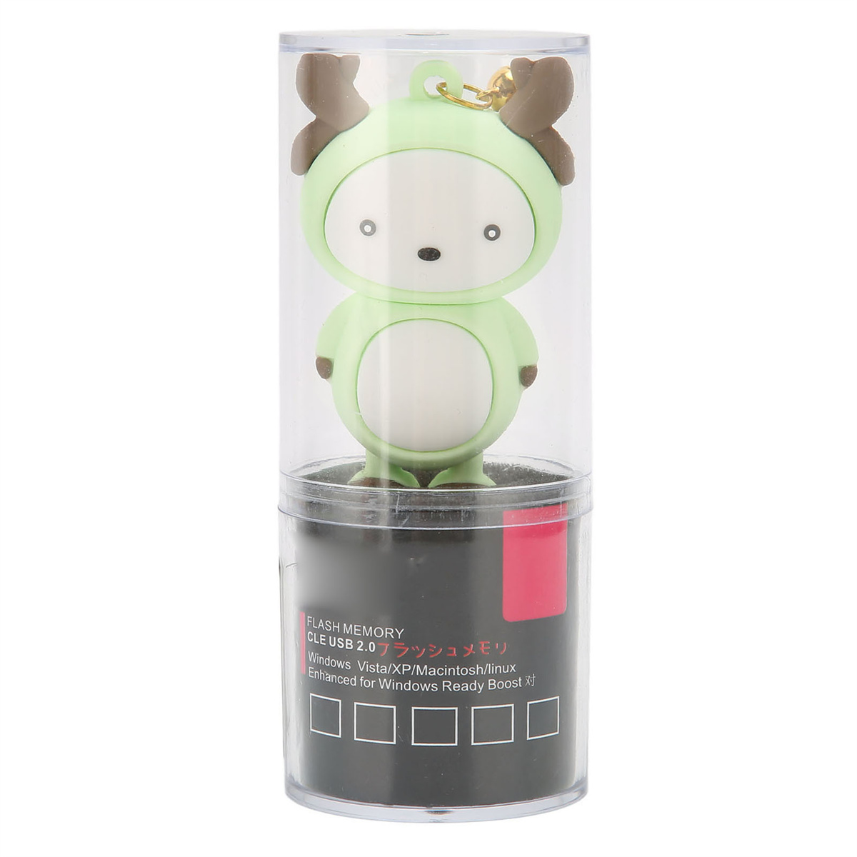 Grüner USB-Stick in Hirschform in transparentem Gehäuse. Text sichtbar.