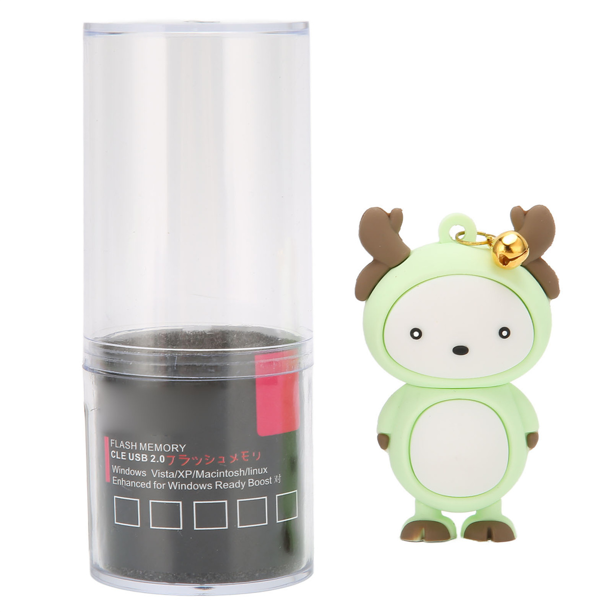 Ein grüner Rentier-USB-Stick mit einem durchsichtigen Gehäuse daneben.