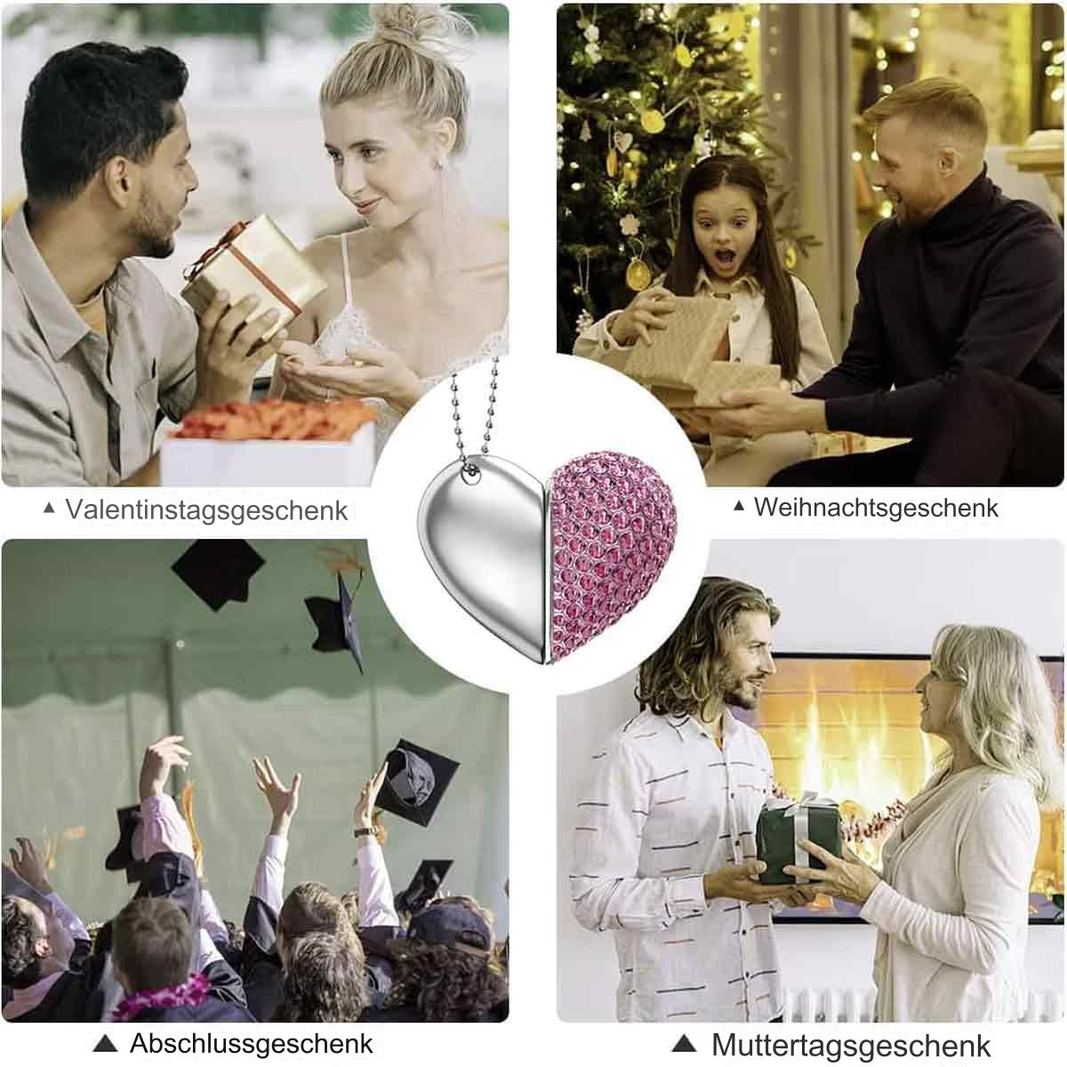 Vier Bilder von Geschenkszenen: Valentinstag, Weihnachten, Abschlussfeier und Muttertag. Ein Herzanhänger wird gezeigt.