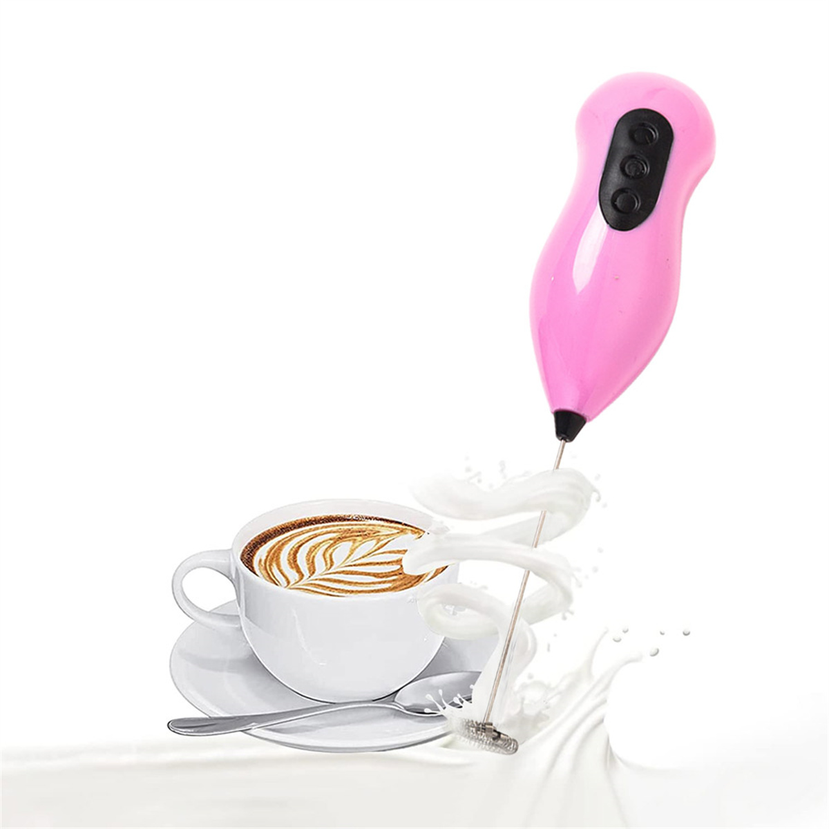 Rosa Milchaufschäumer erzeugt Schaum über einer weißen Tasse mit Kaffee-Kunst.