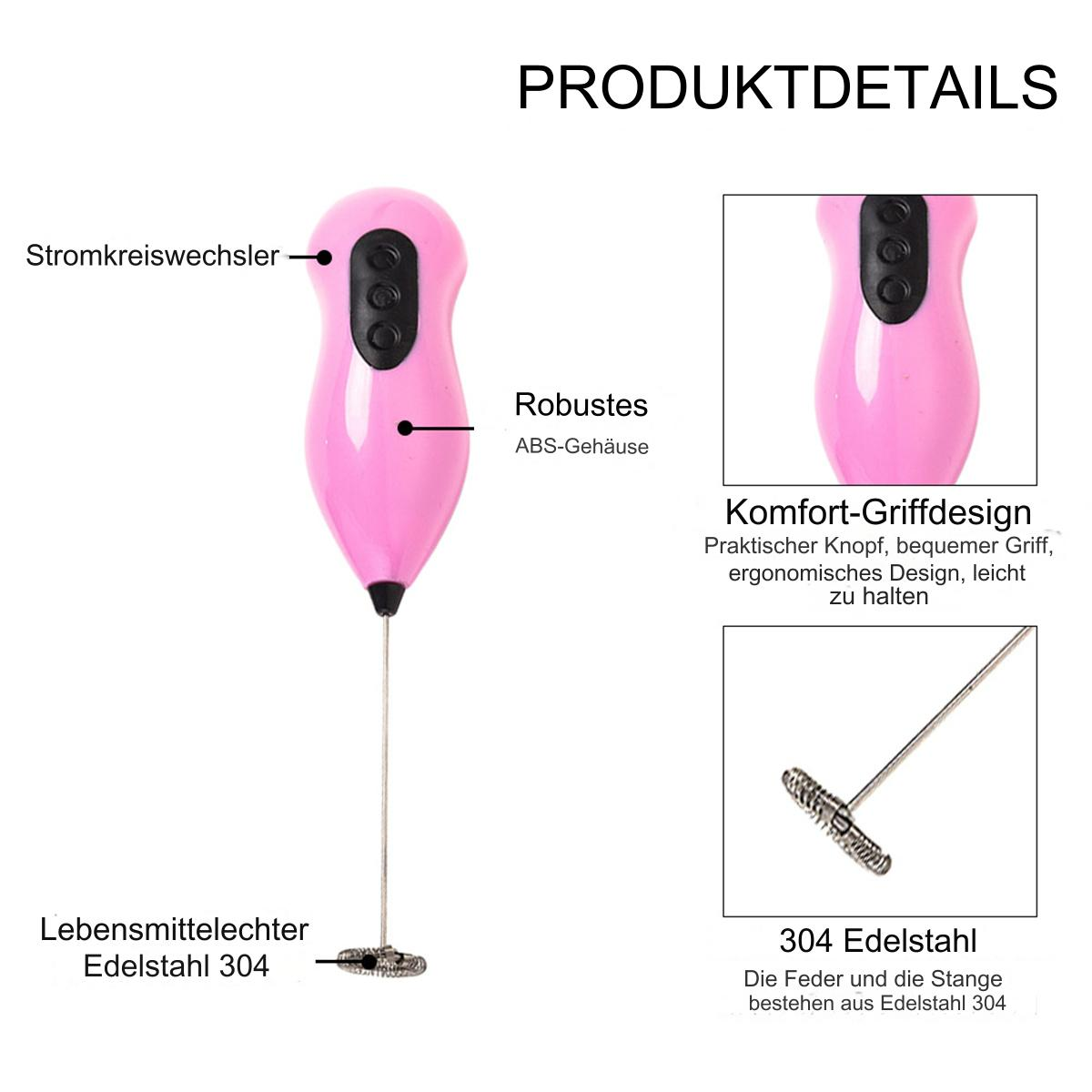 Ein pinker Milchaufschäumer mit Produktdetails, einschließlich Nahaufnahme des Aufschäumerkopfes.