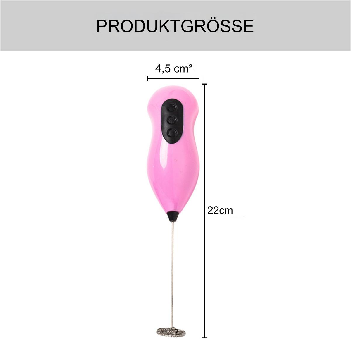 Rosa Milchaufschäumer mit Größenangaben: 22cm Höhe, 4,5 cm2 Fläche.