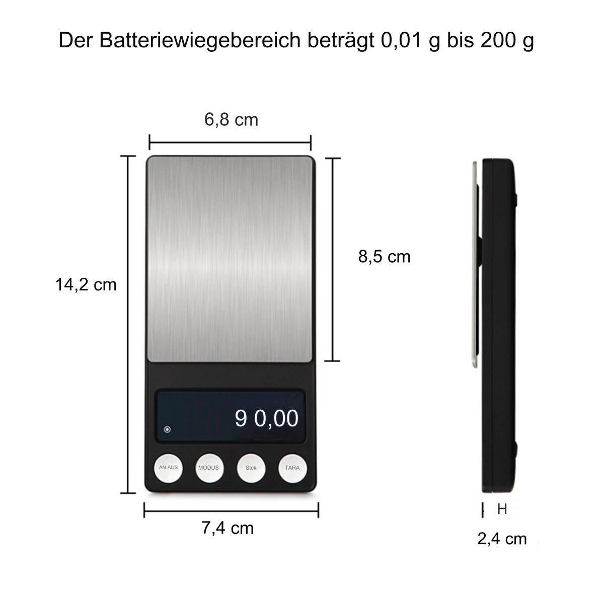 Eine schwarze Digitalwaage mit einer Anzeige, die ein Gewicht von 90,00 anzeigt, und beschrifteten Abmessungen.