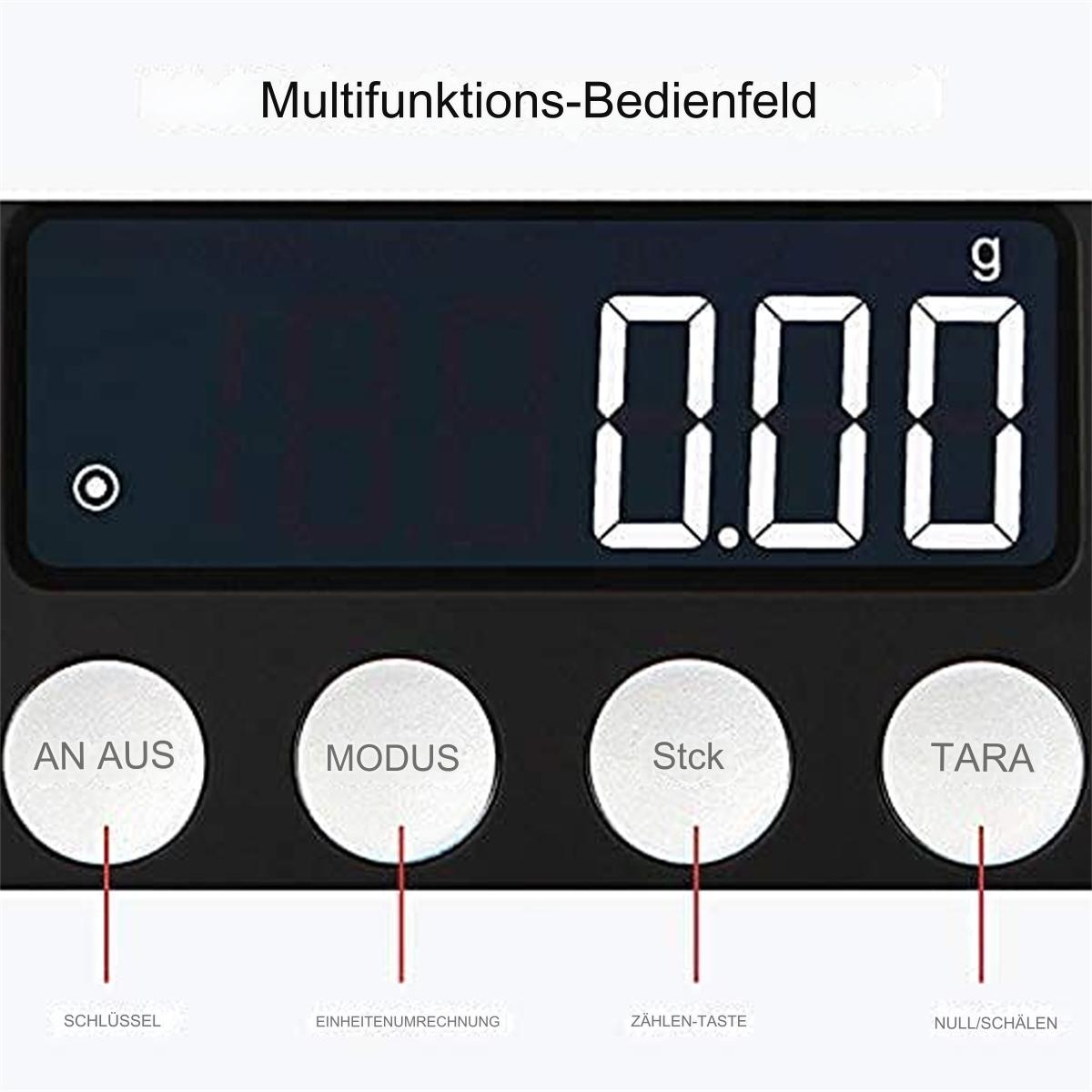 Digitale Küchenwaage mit Anzeige 0,00 g und vier Tasten. Text auf Tasten: AN AUS, MODUS, Stck, TARA.