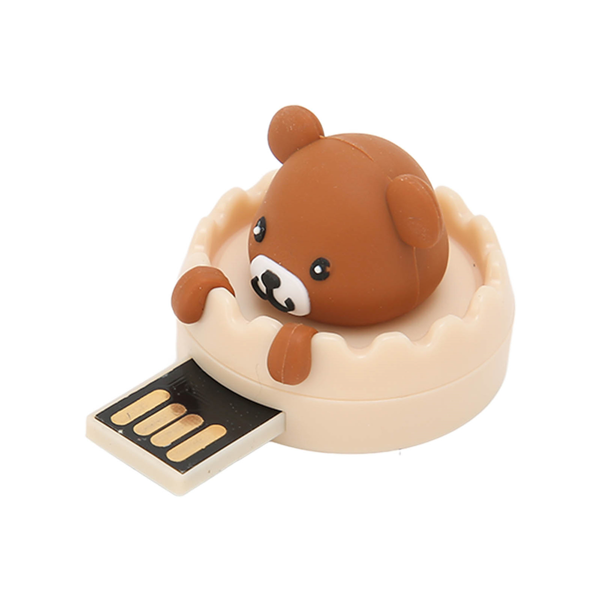 Ein brauner Bären-USB-Stick in einem beigefarbenen Burgdesign.