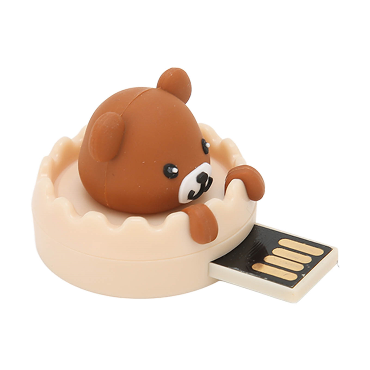 Brauner Bär-USB-Stick in einem beigen Halter. Der Bär hat schwarze Augen und lächelt.