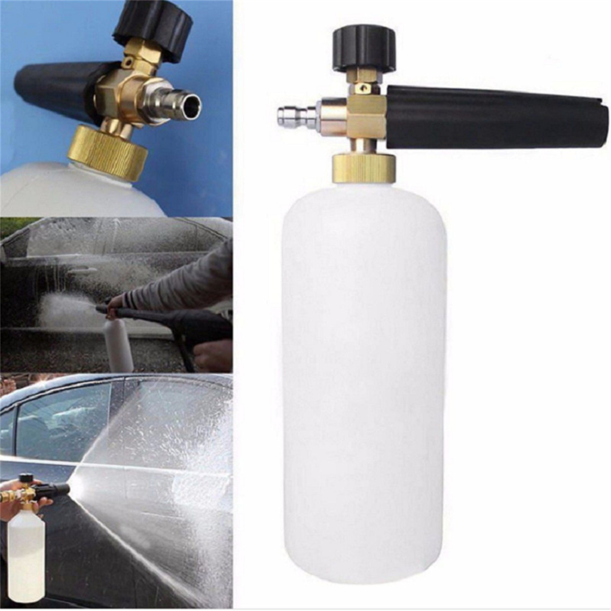 Schaumsprüher mit weißer Flasche, schwarzer und goldener Düse, Wasser sprüht auf ein Auto.