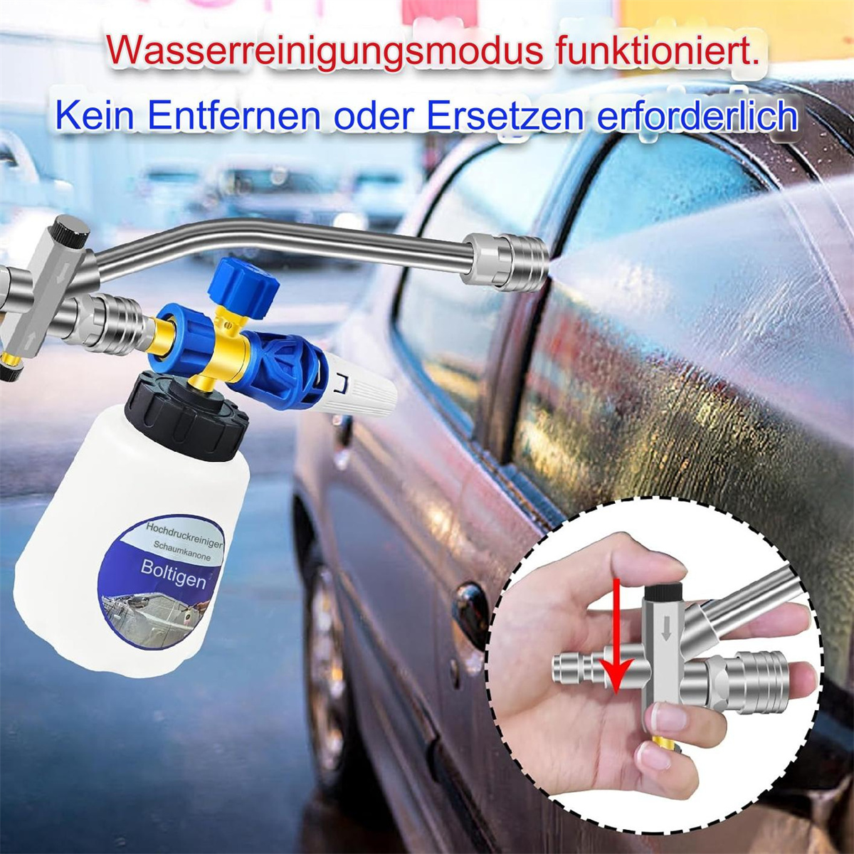 Ein Autowaschwerkzeug sprüht Wasser auf ein Autofenster. Eine Hand dreht ein Ventil. Text auf Deutsch.