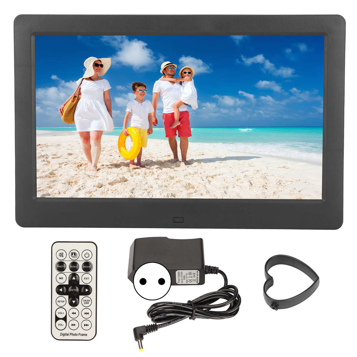 Digitaler Bilderrahmen, der eine Familie am Strand zeigt. Inklusive Fernbedienung und Netzteil.