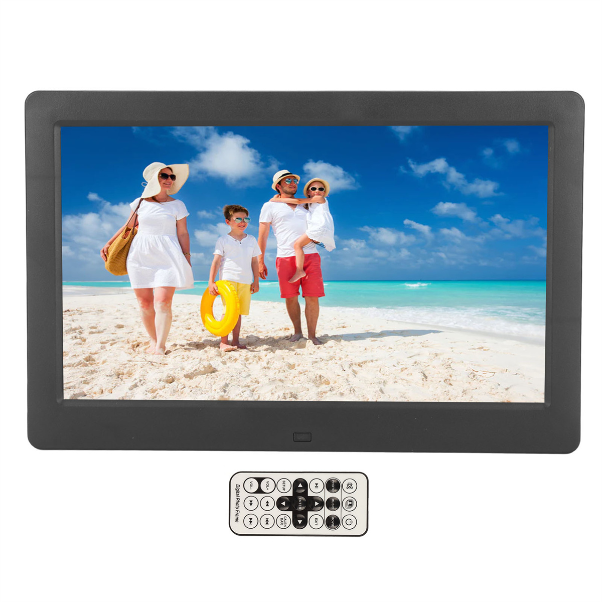 Digitaler Bilderrahmen mit einer Familie am Strand. Eine Fernbedienung ist unten.