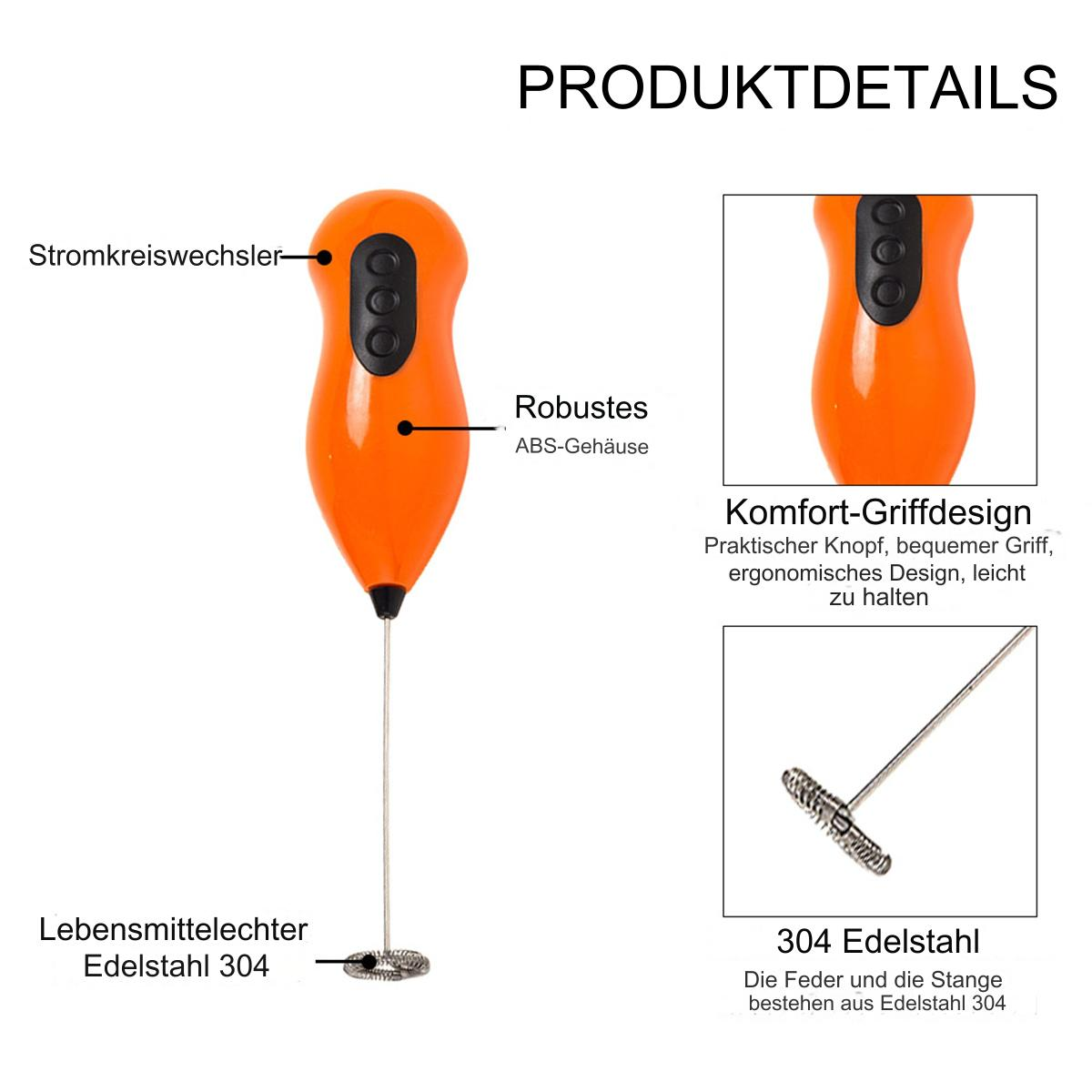 Oranger elektrischer Milchaufschäumer mit Details. Details umfassen ABS-Gehäuse und Edelstahl.