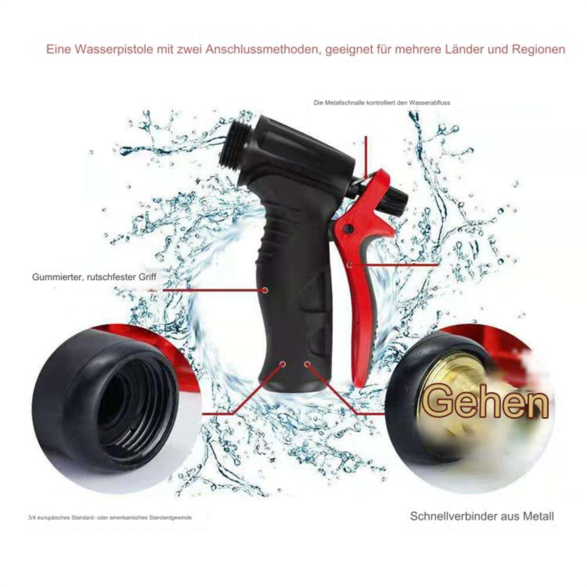 Wasserpistole mit schwarzem Griff und rotem Abzug, detaillierte Teile, Wasserspritzer im Hintergrund.