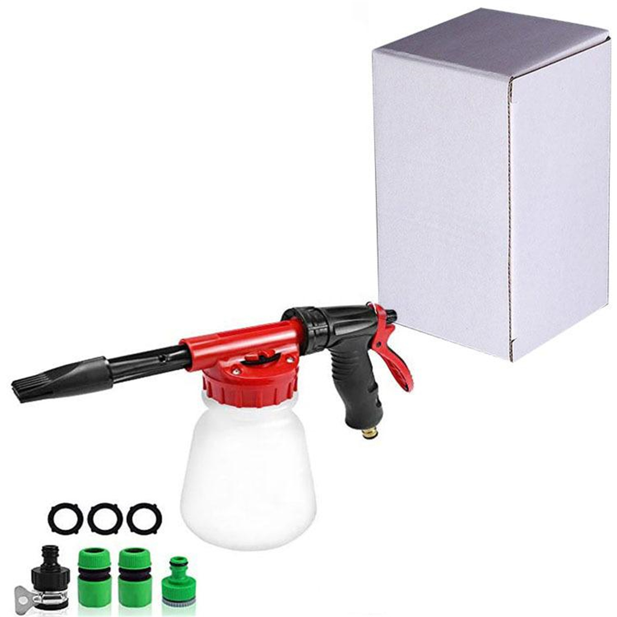 Rote und schwarze Schaumkanone mit weißer Flasche, Zubehör und einer Box.