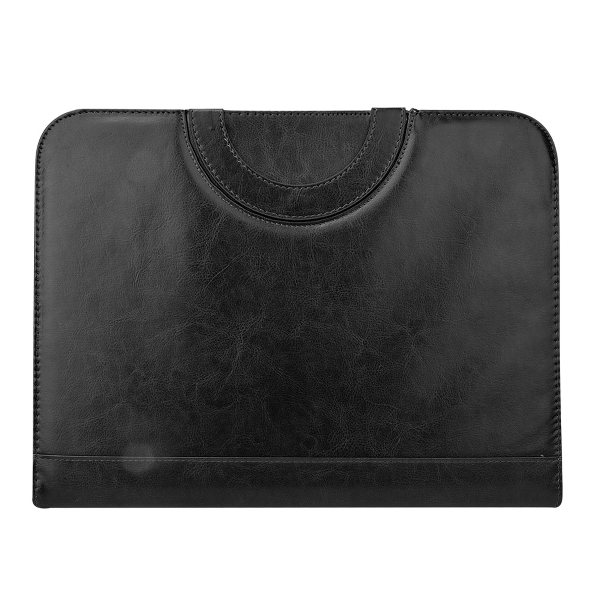 Eine schwarze Laptop-Hülle aus Leder mit abgerundetem oberem Griff und strukturierter Oberfläche.