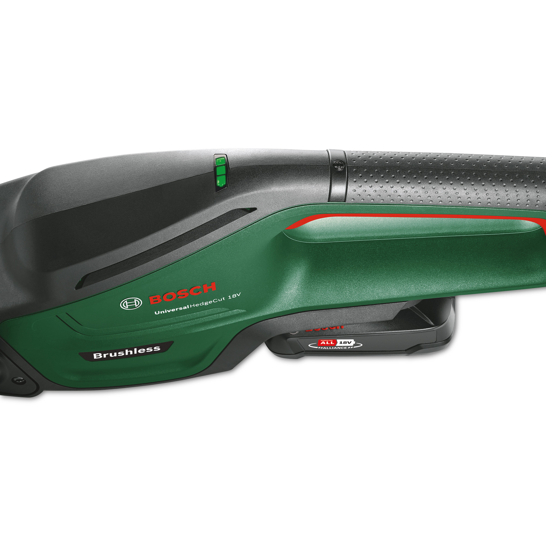 Un utensile Bosch UniversalHedgeCut 18V verde e nero. Ha un'etichetta 'Brushless' e una batteria.