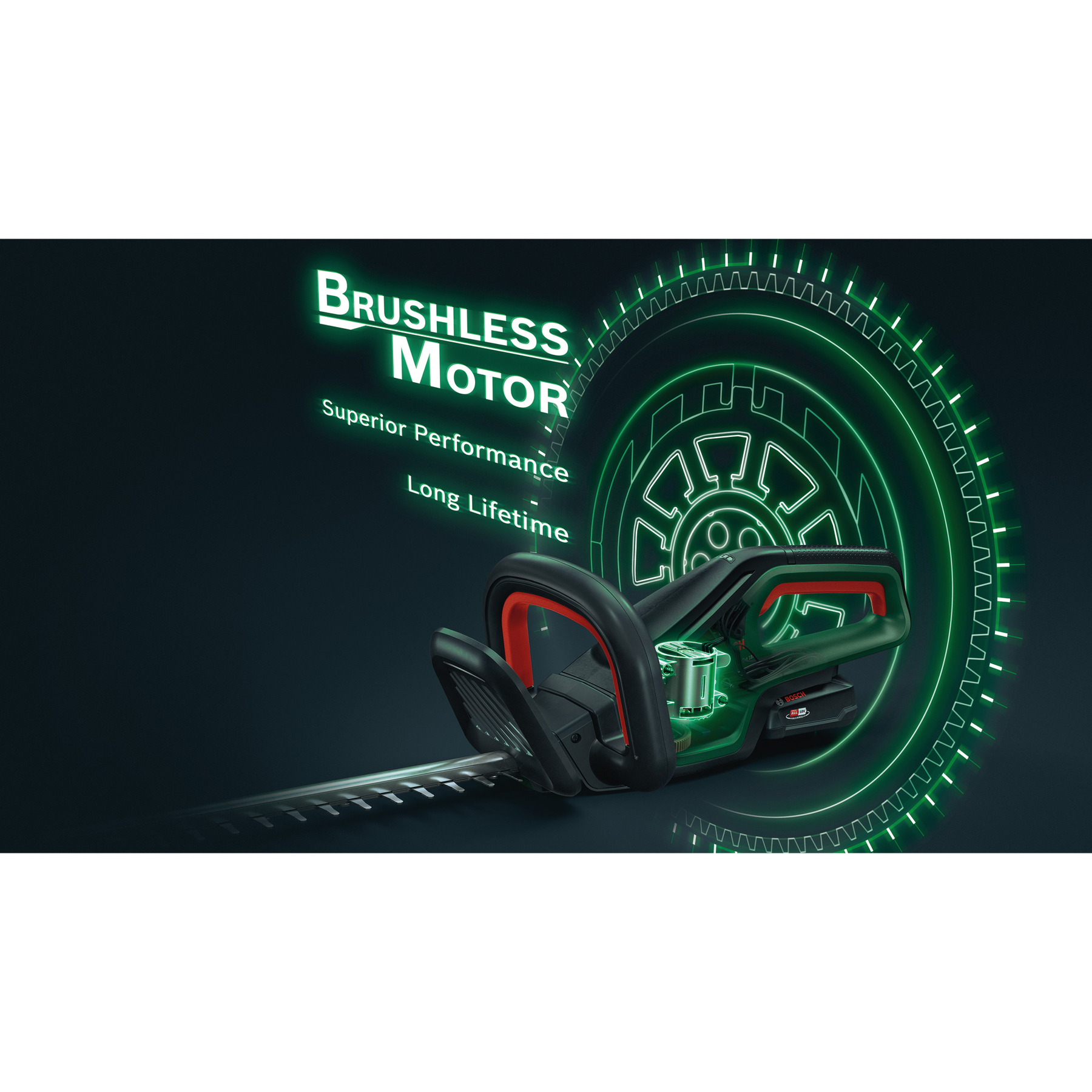 Un tagliasiepi nero e rosso con una grafica verde brillante. Il testo recita 'Brushless Motor, Superior Performance, Long Lifetime'.