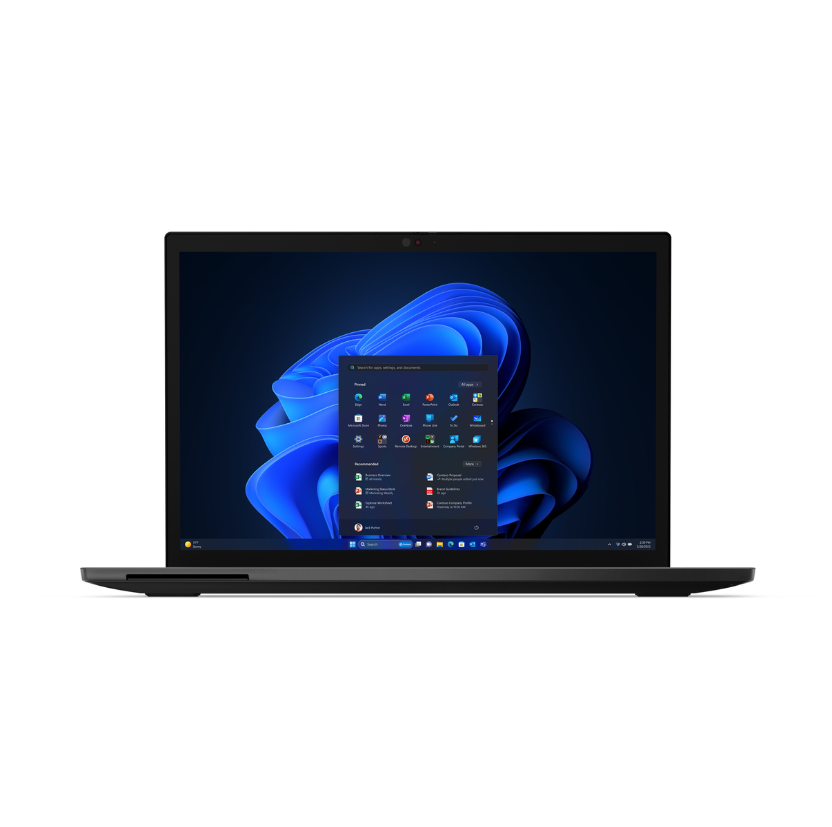 Schwarzer Laptop, der einen blauen Windows 11 Desktop mit App-Symbolen anzeigt. Der Bildschirm ist der Fokus.