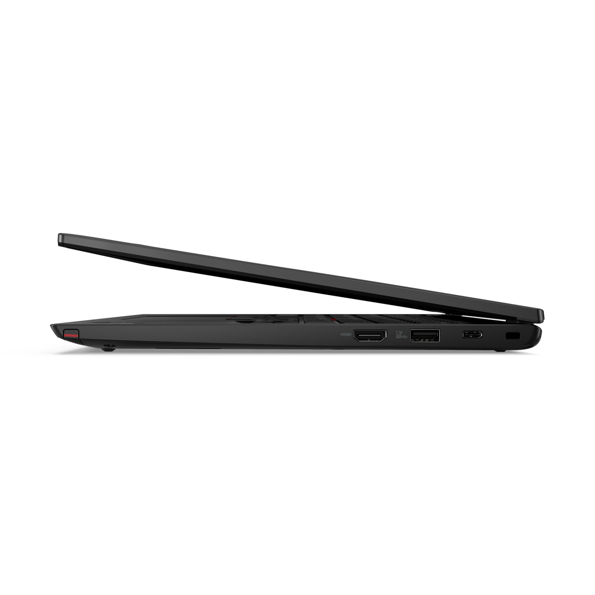 Ein schwarzer Laptop von der Seite, teilweise geöffnet, mit sichtbaren Anschlüssen.