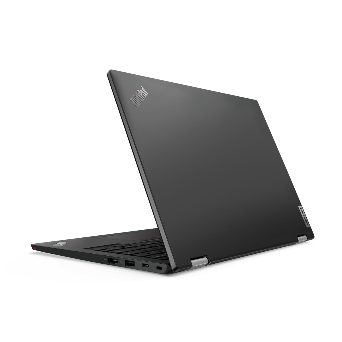 Ein schwarzes Lenovo ThinkPad Laptop, geöffnet, um Tastatur und Bildschirm zu zeigen.