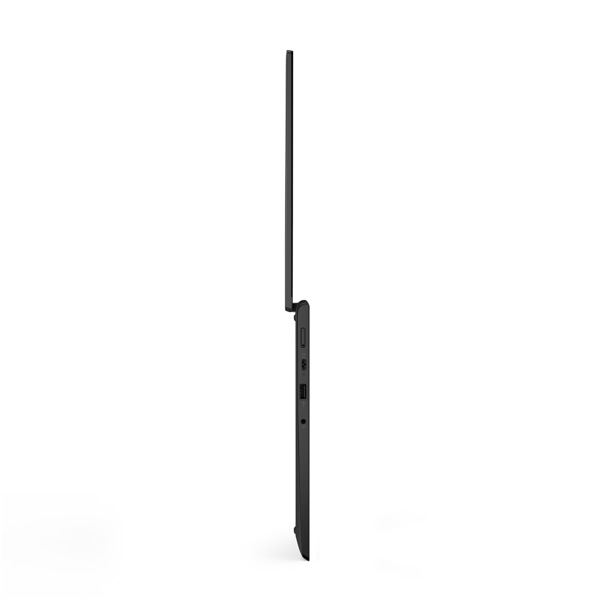 Seitenansicht eines schwarzen Laptops, geschlossen, Bildschirm und Gehäuse bilden eine gerade Linie.