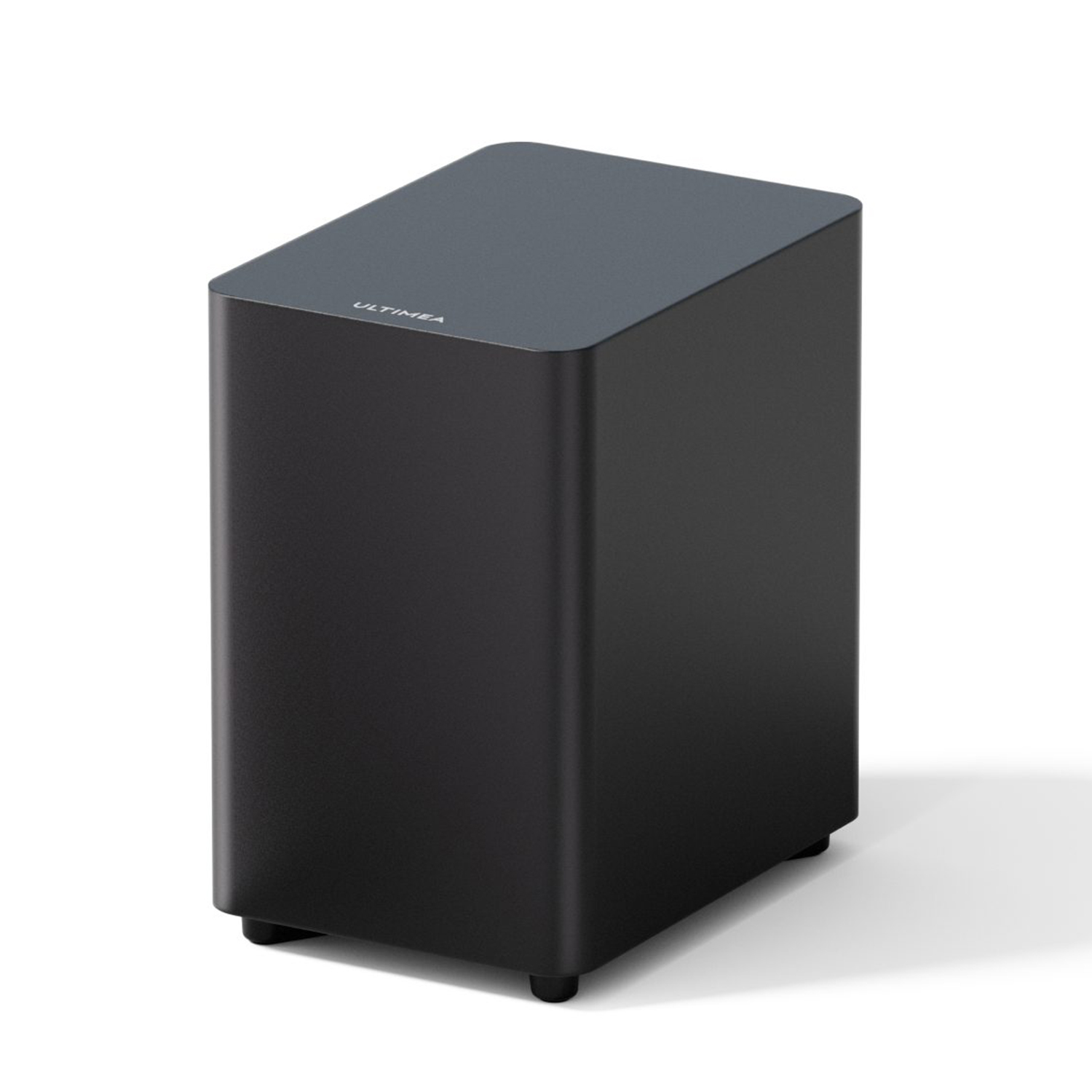 Schwarzer, rechteckiger Subwoofer mit flacher Oberseite. Der Markenname steht oben.