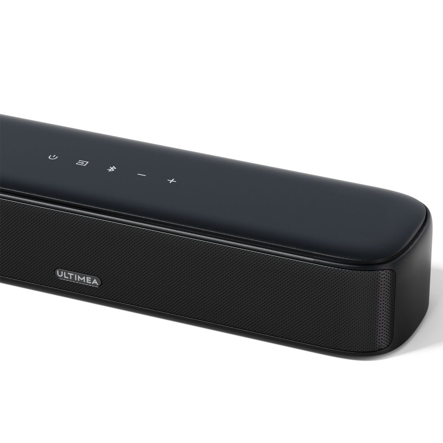 Schwarze Soundbar mit Knöpfen und Mesh-Lautsprecher. Weißer Hintergrund.