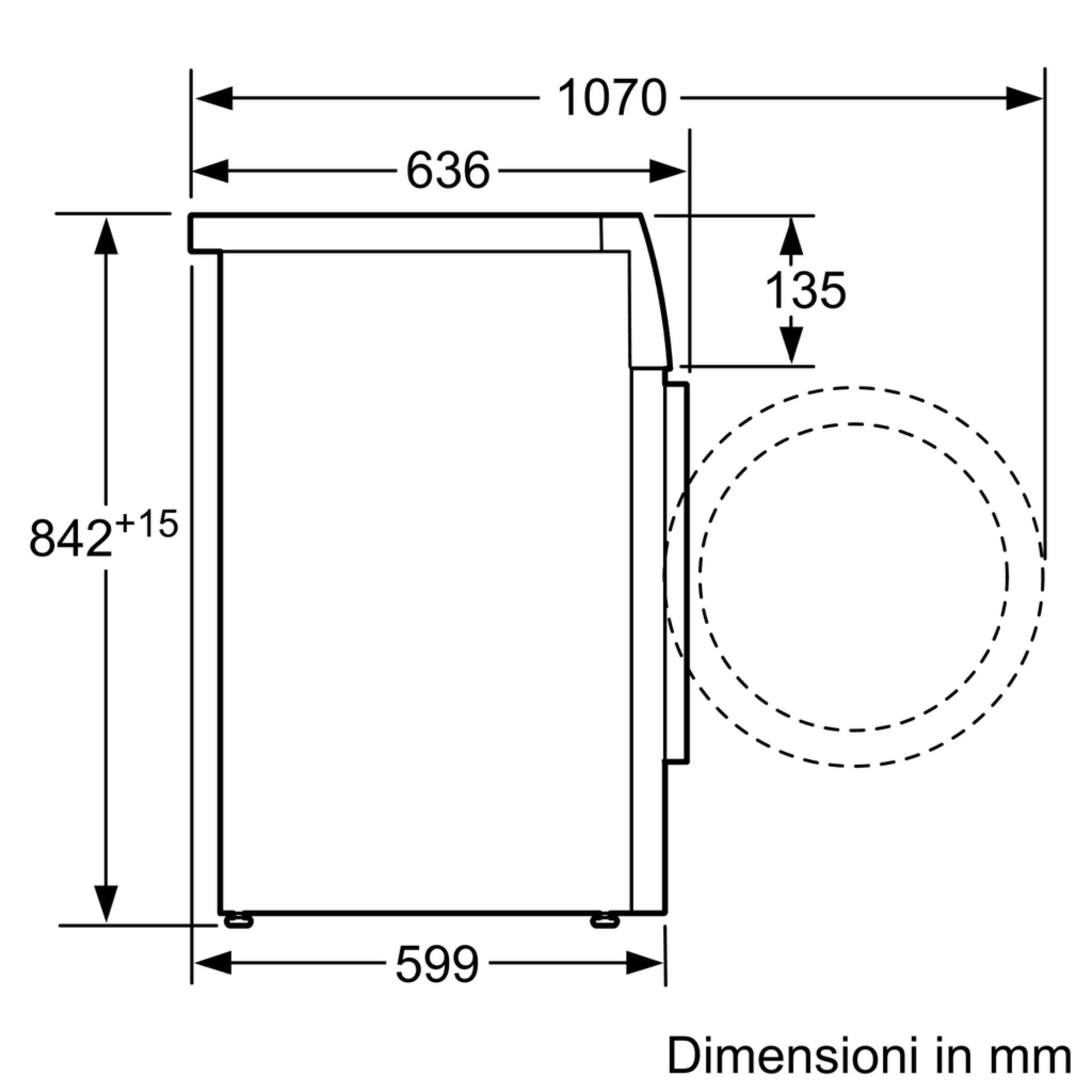 Disegno tecnico di una lavatrice vista lateralmente. Le dimensioni sono in mm.