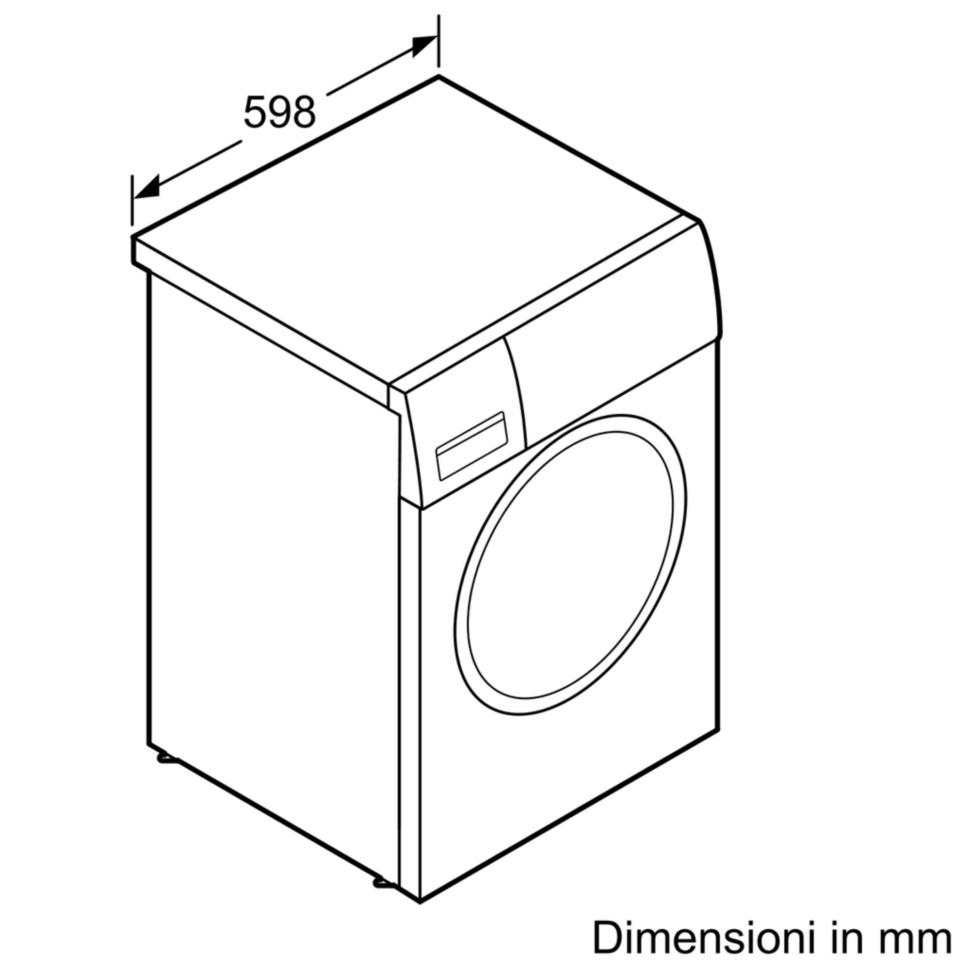 Un'asciugatrice bianca con dimensioni di 598 mm. L'asciugatrice è in prospettiva dall'alto.