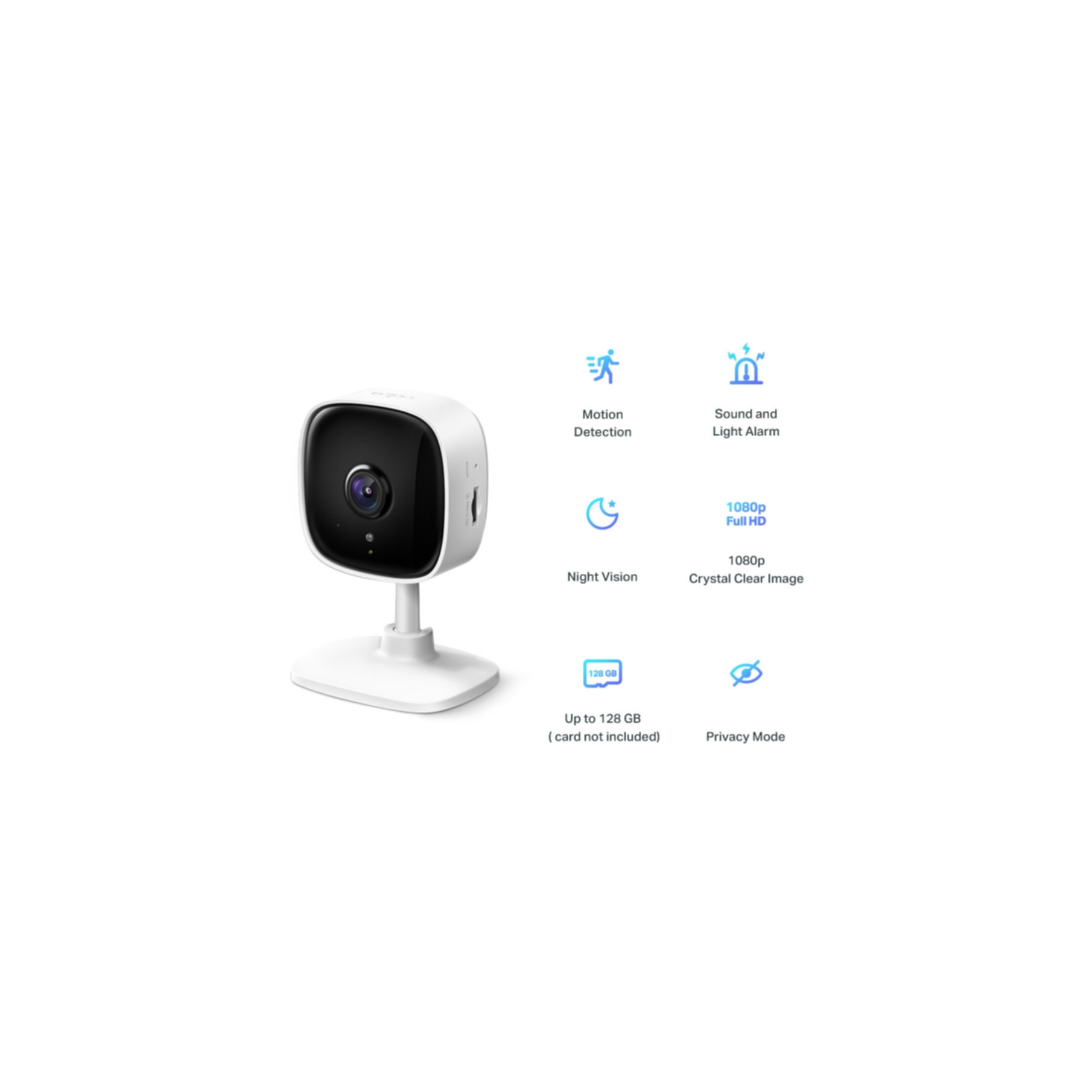 Weiße Smart-Home-Sicherheitskamera mit Symbolen: Bewegung, Ton, Nachtsicht usw.