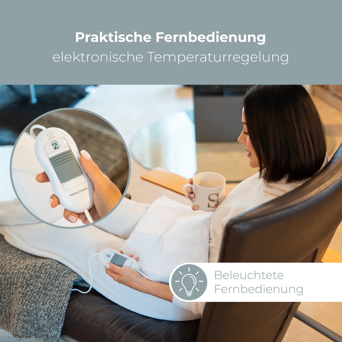 Kobieta w szlafroku używa pilota, z filiżanką kawy. Tekst: 'Praktyczny pilot'.