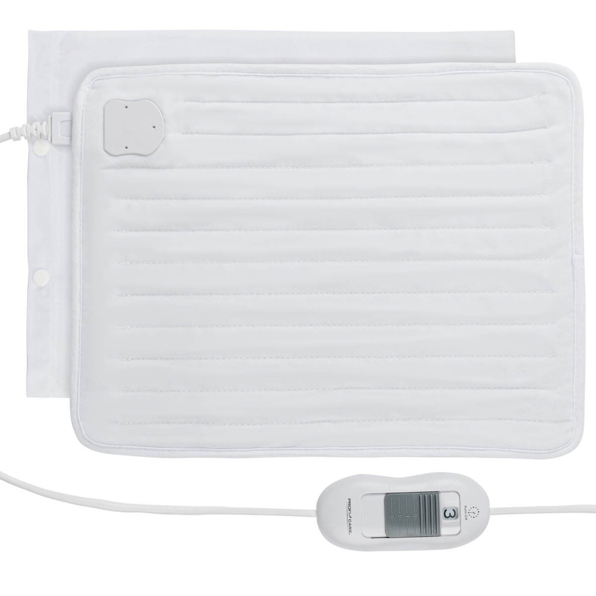 Biała poduszka grzewcza z regulatorem. Poduszka leży na białej powierzchni.