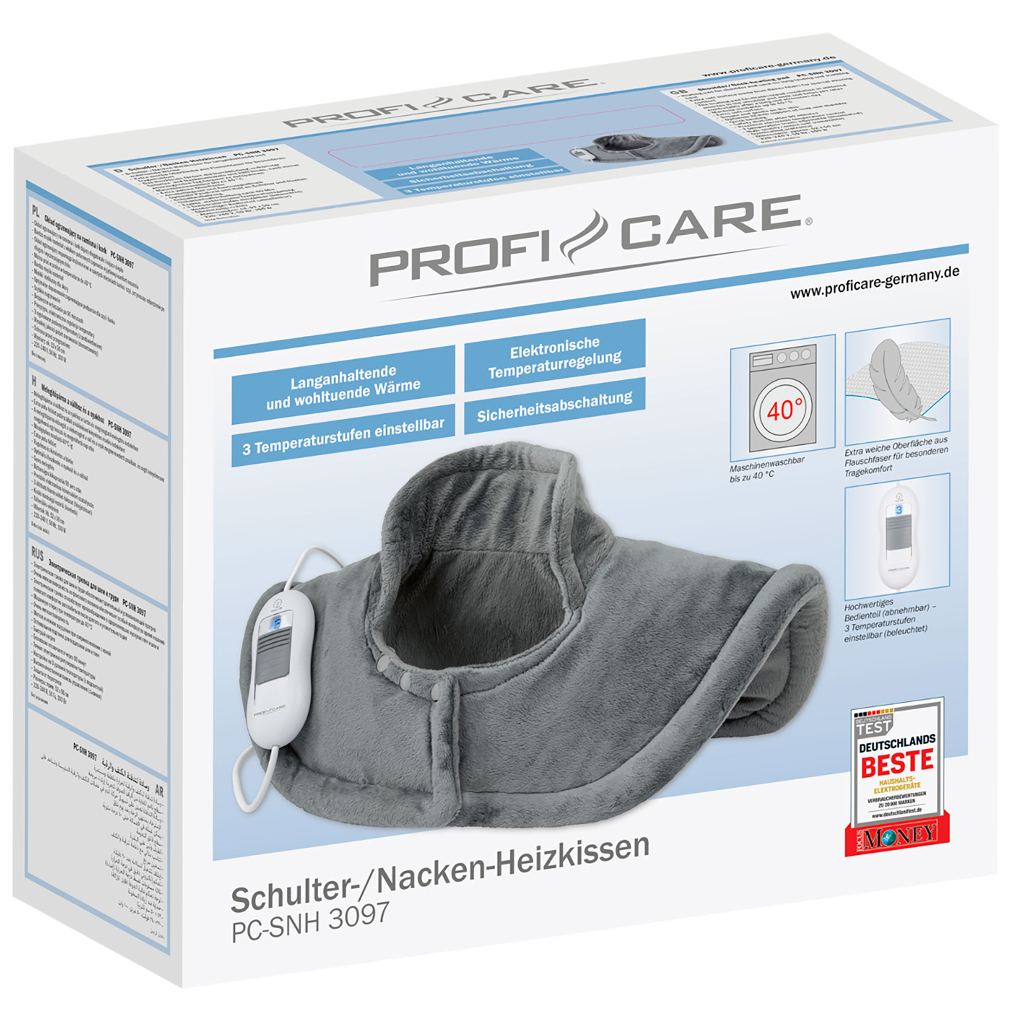 Pudełko poduszki grzewczej na ramiona/szyję Profi Care. Poduszka jest szara, z białym sterowaniem.