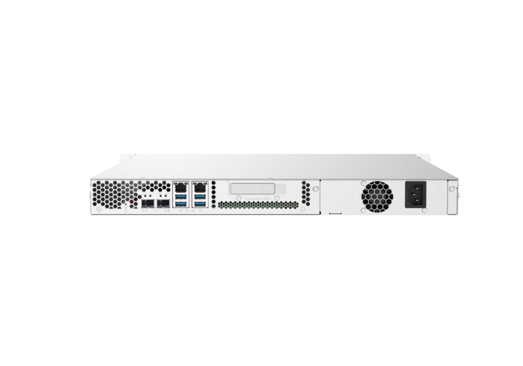Se muestra un panel trasero de servidor blanco y rectangular con varios puertos y un ventilador.