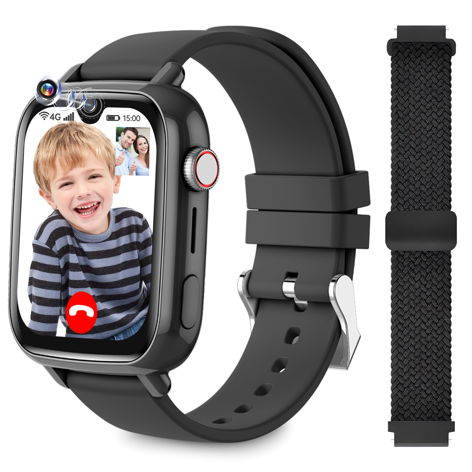 Schwarze Smartwatch, die einen Videoanruf mit einem Jungen und einer Frau zeigt. Inklusive zusätzlichem Armband.