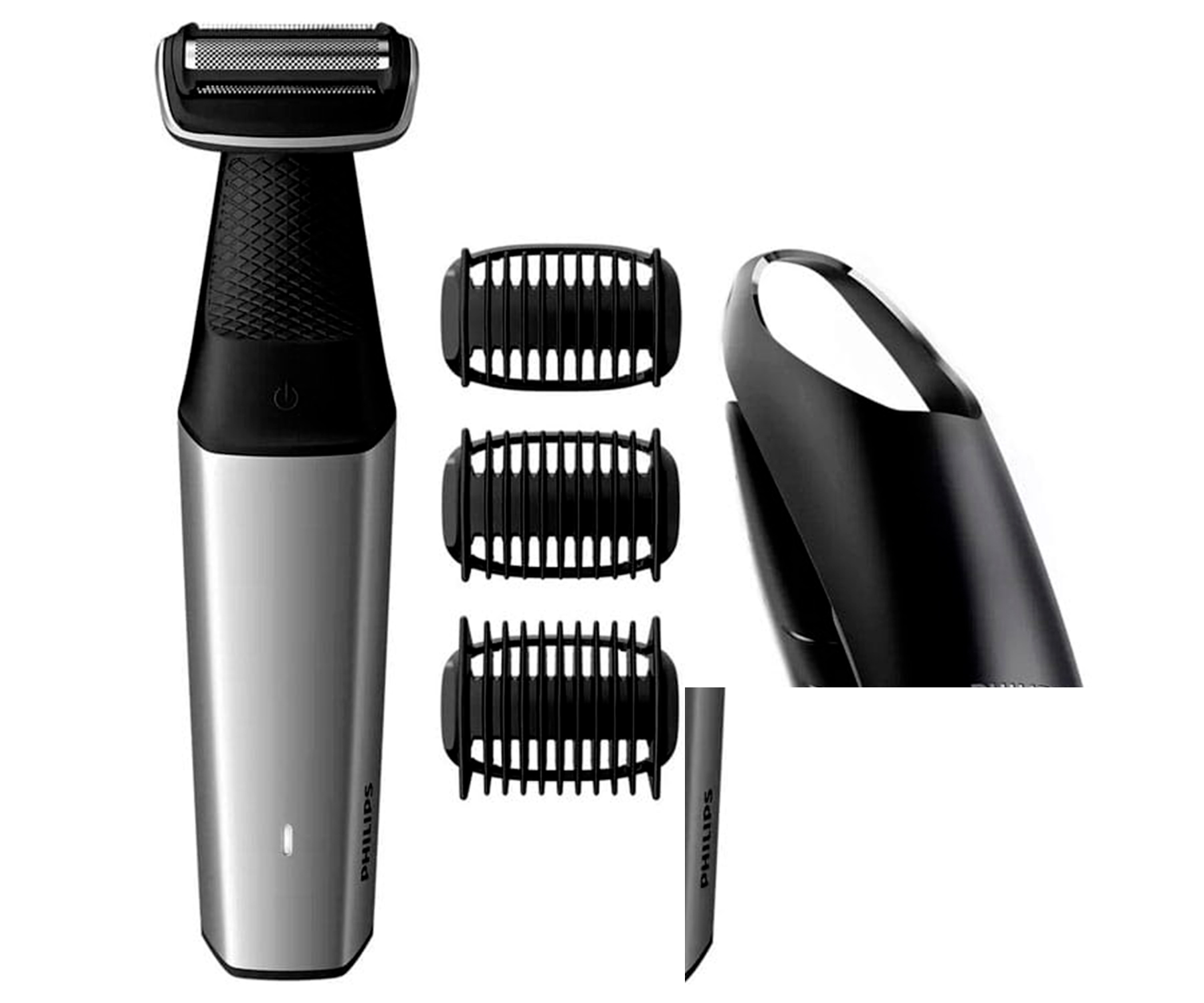 Philips Bodygroom plateado con 3 accesorios de corte y cabezal de detalle adicional.